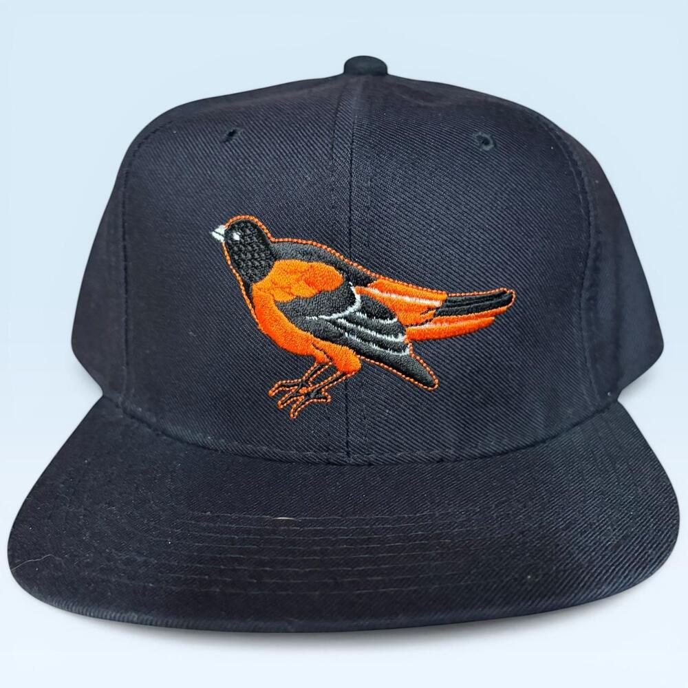 Oriole Bird Hat Cap Snap Back Mens Black Dome Wool Embroidered Logo Green Brim